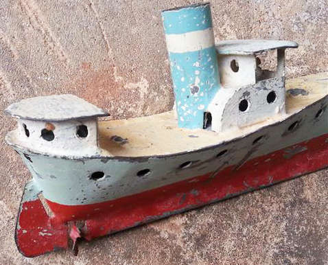 VINTAGE OR NEARLY ANTIQUE, MODEL OF A TIN PLATE STEAM ? SHIP.