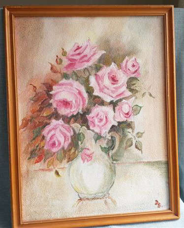 FRAMED OIL ON BOARD PAINTING OF ROSES, SHADES OF PINK