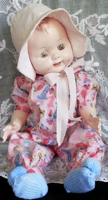 CUTE AND CUDDLY, RODDY 21 INCH VINTAGE HARD PLASTIC DRESSED BABY DOLL  1940s -50s MADE IN ENGLAND