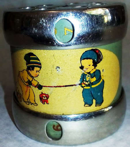 RARE 1930s  VIYELLA ENAMEL KNITTING NEEDLE GAUGE AND COUNTER WITH A MABEL LUCIE ATTWELL TRANSFER