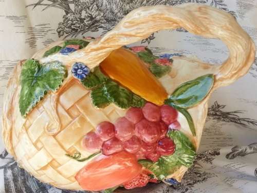LARGE VINTAGE CERAMIC JUG, BRIGHT AND CHEERFUL COLOURS DECORATED WITH EMBOSSED FRUIT
