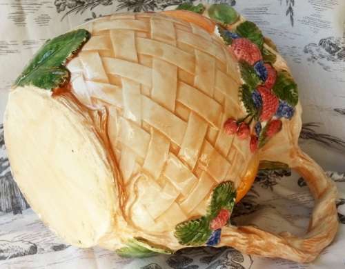 LARGE VINTAGE CERAMIC JUG, BRIGHT AND CHEERFUL COLOURS DECORATED WITH EMBOSSED FRUIT