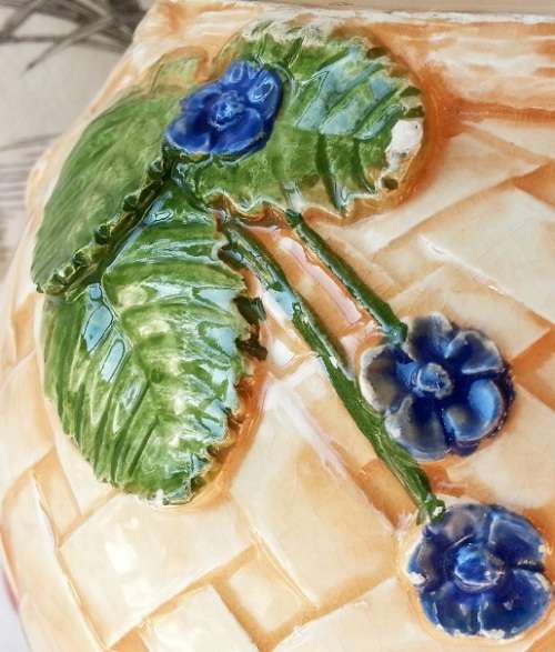 LARGE VINTAGE CERAMIC JUG, BRIGHT AND CHEERFUL COLOURS DECORATED WITH EMBOSSED FRUIT