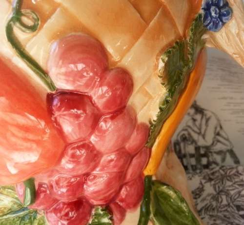 LARGE VINTAGE CERAMIC JUG, BRIGHT AND CHEERFUL COLOURS DECORATED WITH EMBOSSED FRUIT
