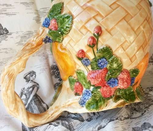 LARGE VINTAGE CERAMIC JUG, BRIGHT AND CHEERFUL COLOURS DECORATED WITH EMBOSSED FRUIT
