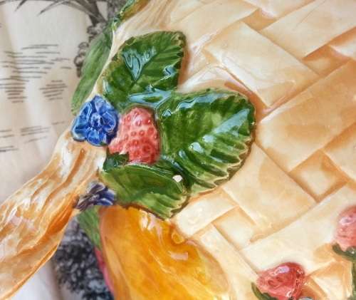 LARGE VINTAGE CERAMIC JUG, BRIGHT AND CHEERFUL COLOURS DECORATED WITH EMBOSSED FRUIT