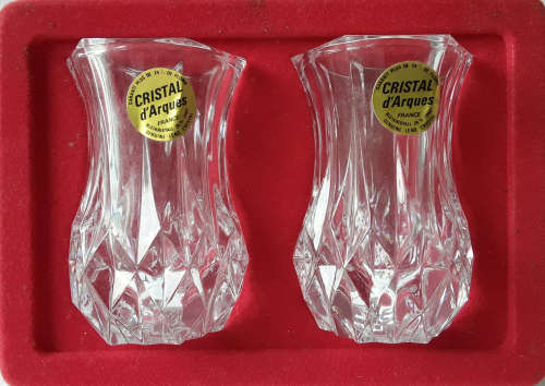 VINTAGE PAIR OF CUT LEAD CRYSTAL, VIOLET VASES.