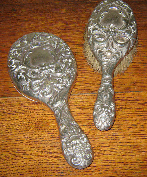 VINTAGE SILVER HAIR BRUSH AND HAND MIRROR