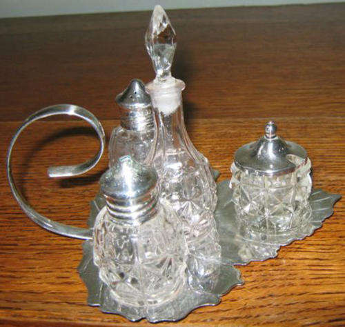 R1.00  VICTORIAN  FIVE PIECE CRUET SET,    SILVER PLATE AND GLASS
