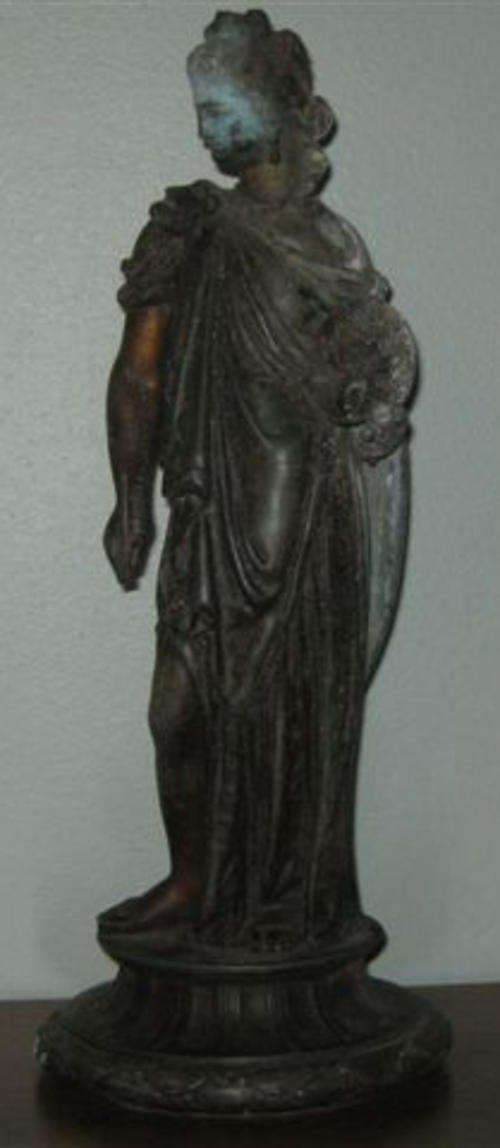 ANTIQUE SPELTER, FIGURE OF A GRECIAN WOMAN WITH ARTISTS PALETTE AND BRUSH