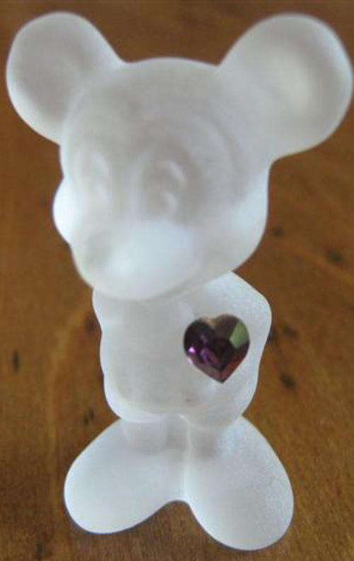 TINY, 4.4CM TALL, FROSTED GLASS MICKY MOUSE FIGURINE,WITH PURPLE HEART.