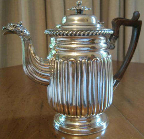 VICTORIAN SILVER PLATED ONTO COPPER HOT WATER POT, WOODEN HANDLE AND PERFECT !!