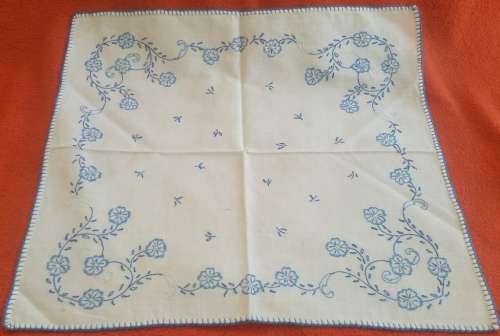 French vintage white linen tray cover, hand made embroidered blue floral decor cotton  1940s
