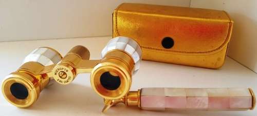 VINTAGE FRENCH OPERA GLASSES & RETRACTABLE HANDLE RAINBOW MOTHER OF PEARL