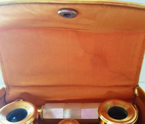 VINTAGE FRENCH OPERA GLASSES & RETRACTABLE HANDLE RAINBOW MOTHER OF PEARL