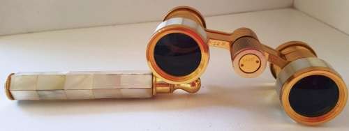 VINTAGE FRENCH OPERA GLASSES & RETRACTABLE HANDLE RAINBOW MOTHER OF PEARL