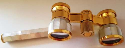 VINTAGE FRENCH OPERA GLASSES & RETRACTABLE HANDLE RAINBOW MOTHER OF PEARL