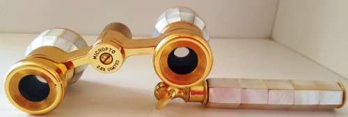 VINTAGE FRENCH OPERA GLASSES & RETRACTABLE HANDLE RAINBOW MOTHER OF PEARL
