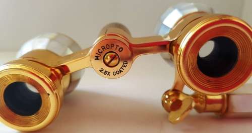 VINTAGE FRENCH OPERA GLASSES & RETRACTABLE HANDLE RAINBOW MOTHER OF PEARL