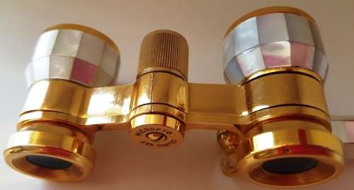 VINTAGE FRENCH OPERA GLASSES & RETRACTABLE HANDLE RAINBOW MOTHER OF PEARL