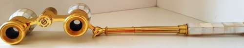 VINTAGE FRENCH OPERA GLASSES & RETRACTABLE HANDLE RAINBOW MOTHER OF PEARL