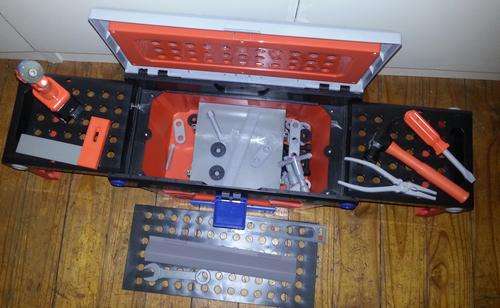 LITTLE BOYS TOOL BOX WITH TOOLS AND EXTENDABLE WORK BENCH