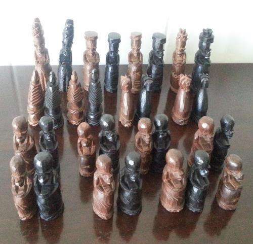 Beautiful Hand Carved African Art Chess Set Figurines 31 pieces -African Black Wood/African Mahogany