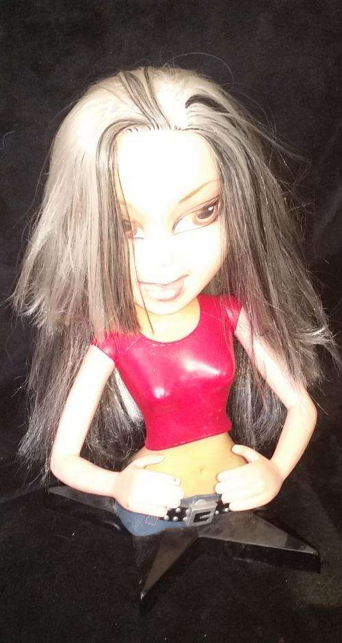 large bratz doll hair styling head with black & white normal long hair