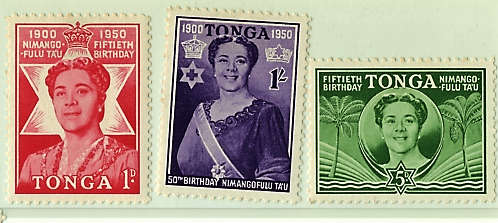 TONGA 1950 QUEEN SALTOTE`S 50th BIRTHDAY SET OF 3 MM.(SOME LIGHT TONE SPOTS TO BACK).SG 92-94