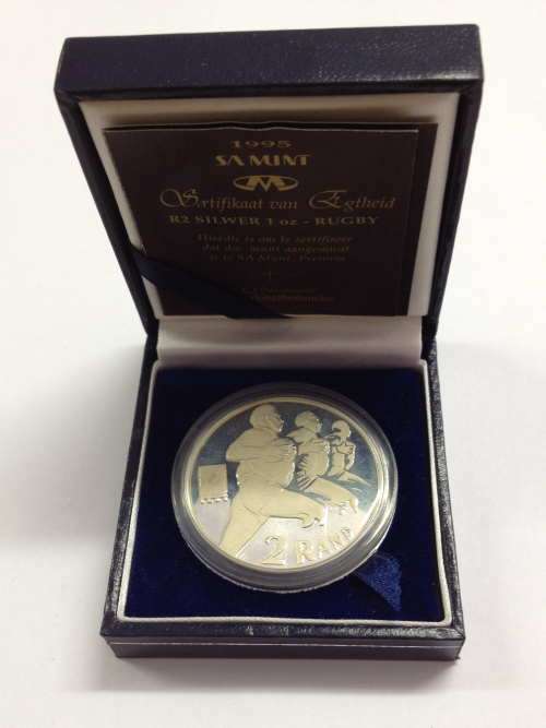 1995 RSA Proof silver Rugby R2 - in box with COA