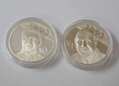2007 RSA Proof Silver Mandela and De Klerk R1 coins - capsuled