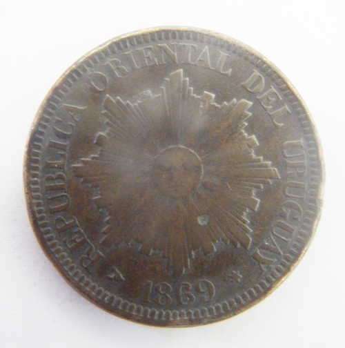 Uruguay 1869 copper 4 centesimos VF+