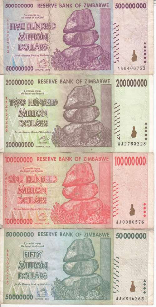 Lot of 9X Zimbabwe banknoes with "Money rock" picture - 5 dollars to 500 000 000 dollars