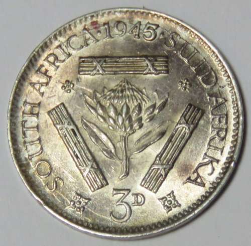 1945 SA Union 3d tickey with cracked die - All around South Africa