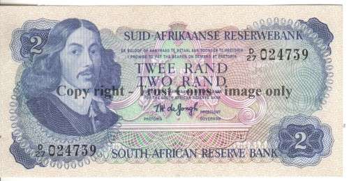 1974 South Africa TW De Jongh uncirculated R2 - Springbok watermark - D27 # 024739