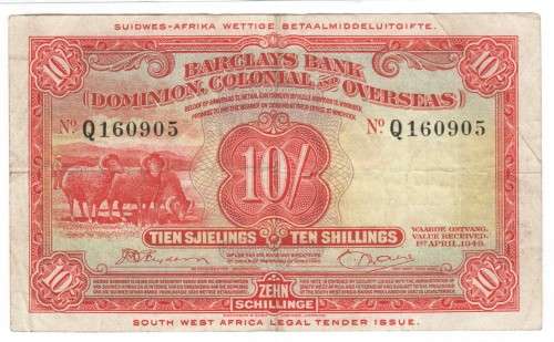 1949 South West Africa Barclays ten shillings banknote VF or better