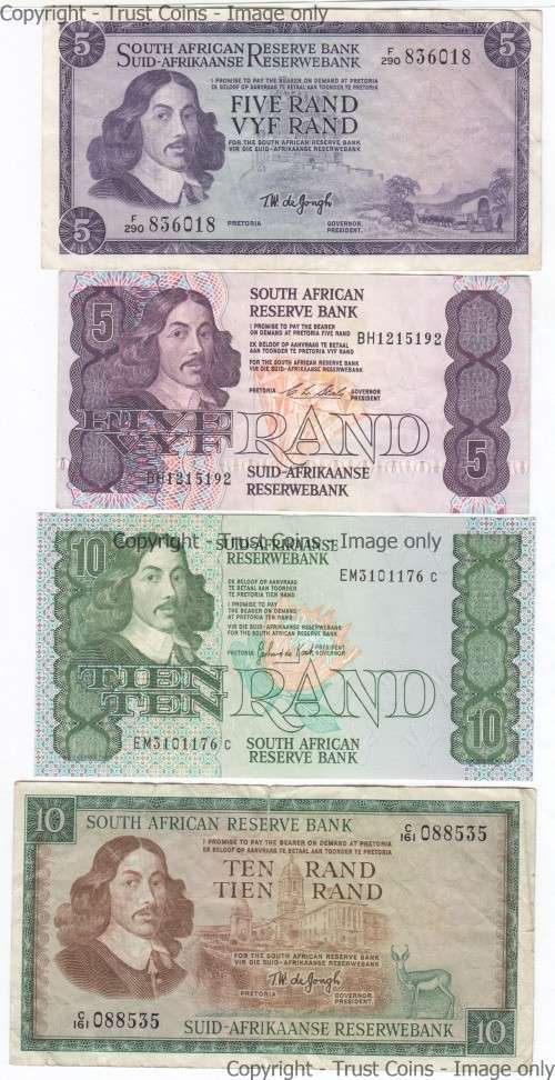 Lot of 6 old SA banknotes - R2, R5, R10