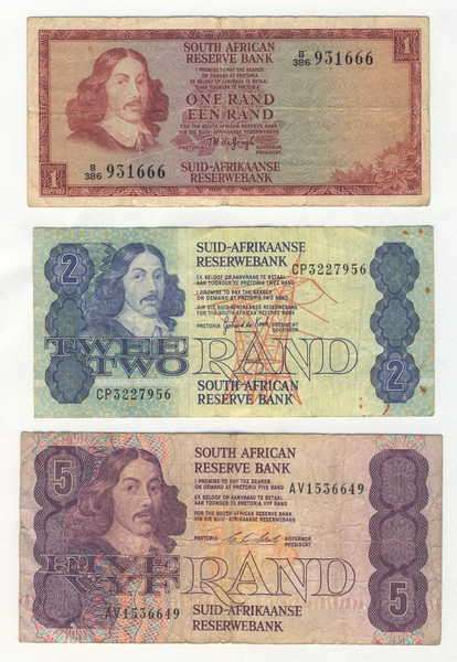 Lot of 5 old SA banknotes - R1, R2, R5, R10 & R20