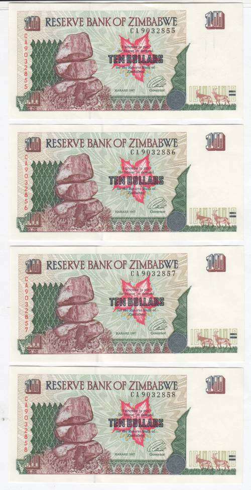 Lot of 4 Consecutive Zimbabwe ten Dollar banknotes 1997 - UNC with creases