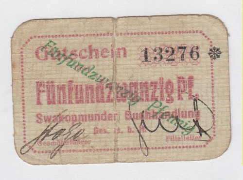 1916-1918 token for 25 Pfennig (Fünfundzwanzig Pf.) - Issued by Swakopmunder Buchhandlung - Fine