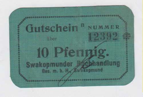 1916-1918 token for 10 Pfennig - Issued by Swakopmunder Buchhandlung - XF with some creases