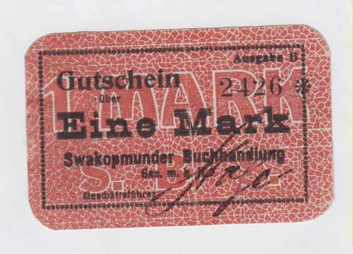 1916-1918 Eine Mark token - Red background - Issued by Swakopmunder Buchhandlung