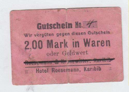 Token for 2.00 Mark (Voucher #4) - Issued by Hotel Roesemann, Karibib - Stamped and signed on back