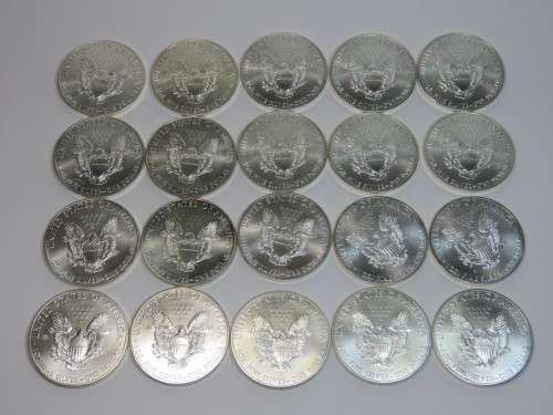 Pack of 20 USA 1 Dollar silver eagles - 2012 and 2 of 2013 - UNC -1oz fine silver in each coin
