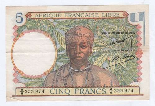 1934-1937 Issue French West Africa 5 Francs note - VF