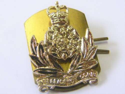 Great Britain Intelligence corps collar badge - Queens crown - Stay-brite metal plate and lugs
