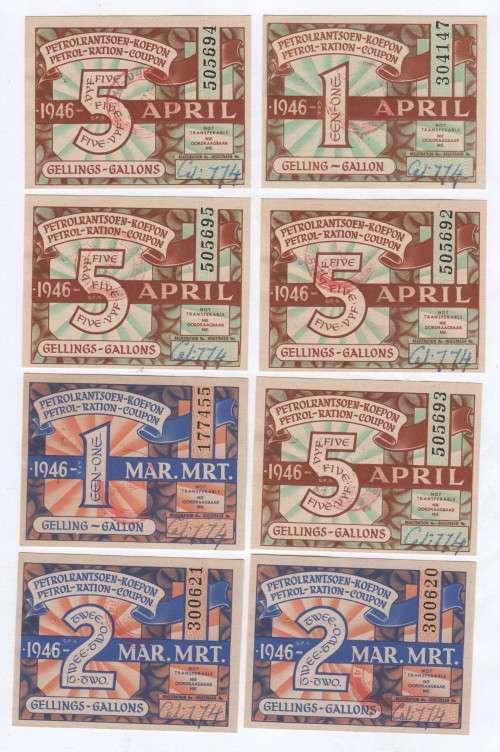 Lot of 10 petrol ration coupons - 1, 2, 4 and 5 gallons