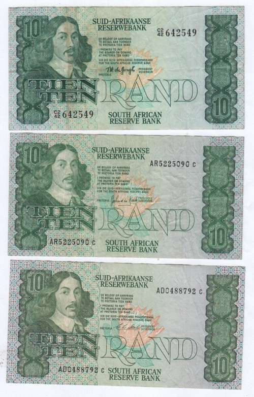 Lot of 3 R10 notes - de Jongh, De Kock and Stals