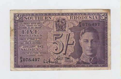1943 Southern Rhodesia 5 Shillings banknote - D3 #076,497