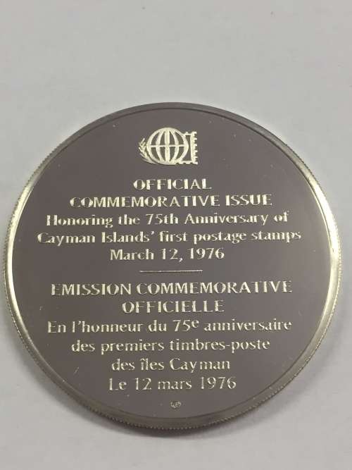 Sterling silver proof medallion honoring 75th Anniversary of Cayman islands first postage stamp 1976